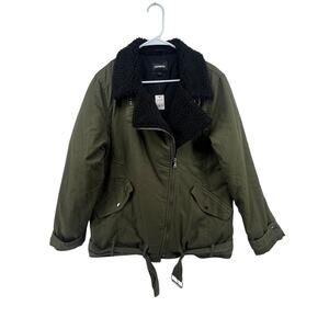 Express Size Large Jacket NEW Asymmetrical Zip Belt Pockets Sherpa Green Black